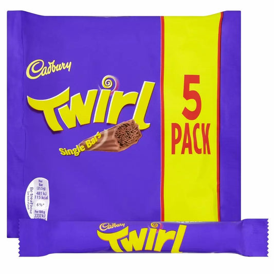 20 x CADBURY TWIRL MILK CHOCOLATE BAR 5 PACK 107.5G